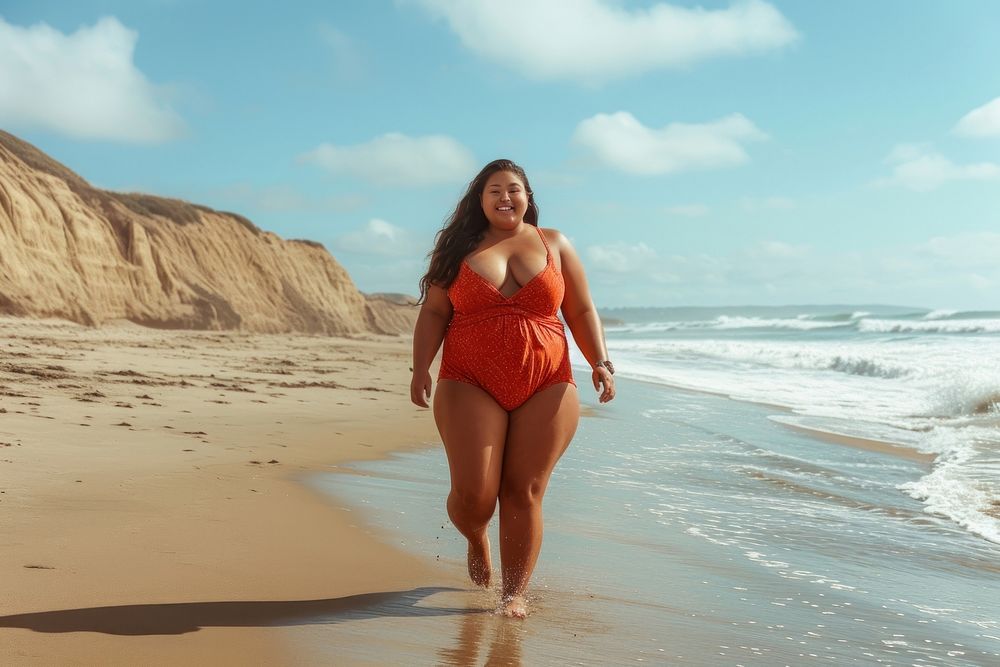 Chubby Pacific Islander woman walk on the beach swimwear outdoors adult.