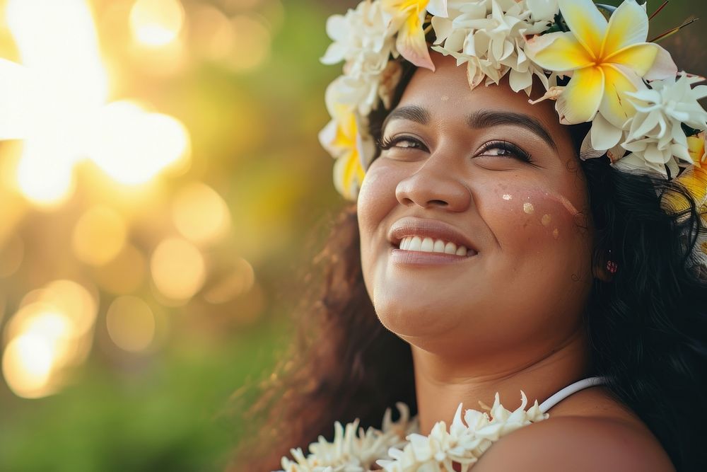 A chubby Pacific Islander womans with cosmetic flower adult bride.