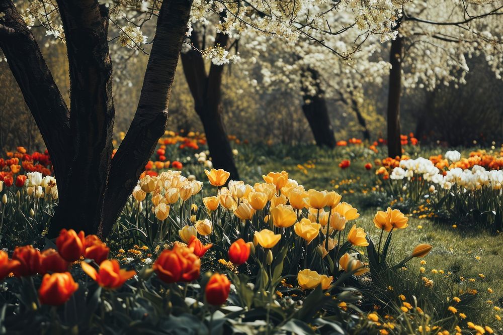 Flower garden landscape outdoors blossom. AI generated Image by rawpixel.