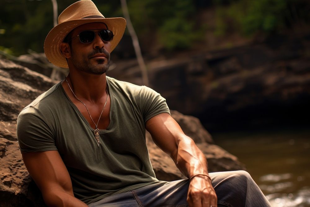 Hispanic man sunglasses portrait outdoors.