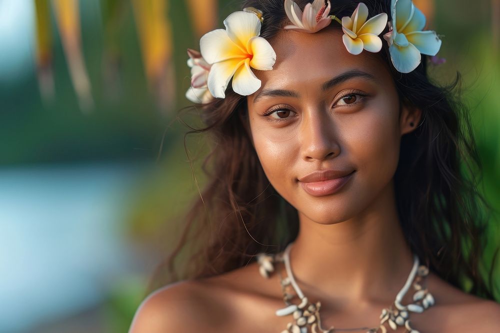 A Pacific Islander womans with cosmetic necklace jewelry adult.