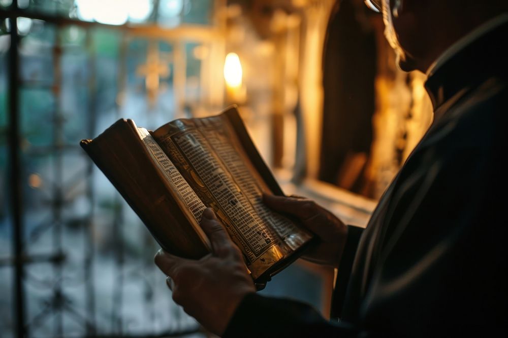 Priest reading the Holy Bible publication light adult. AI generated Image by rawpixel.