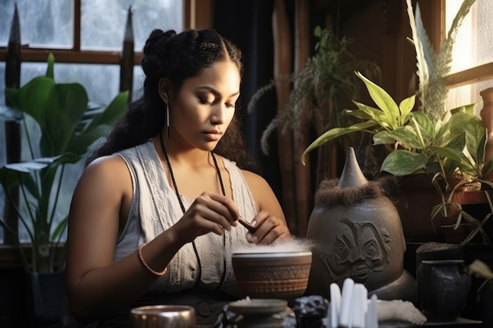 Samoan woman doing skincare routine adult concentration contemplation.