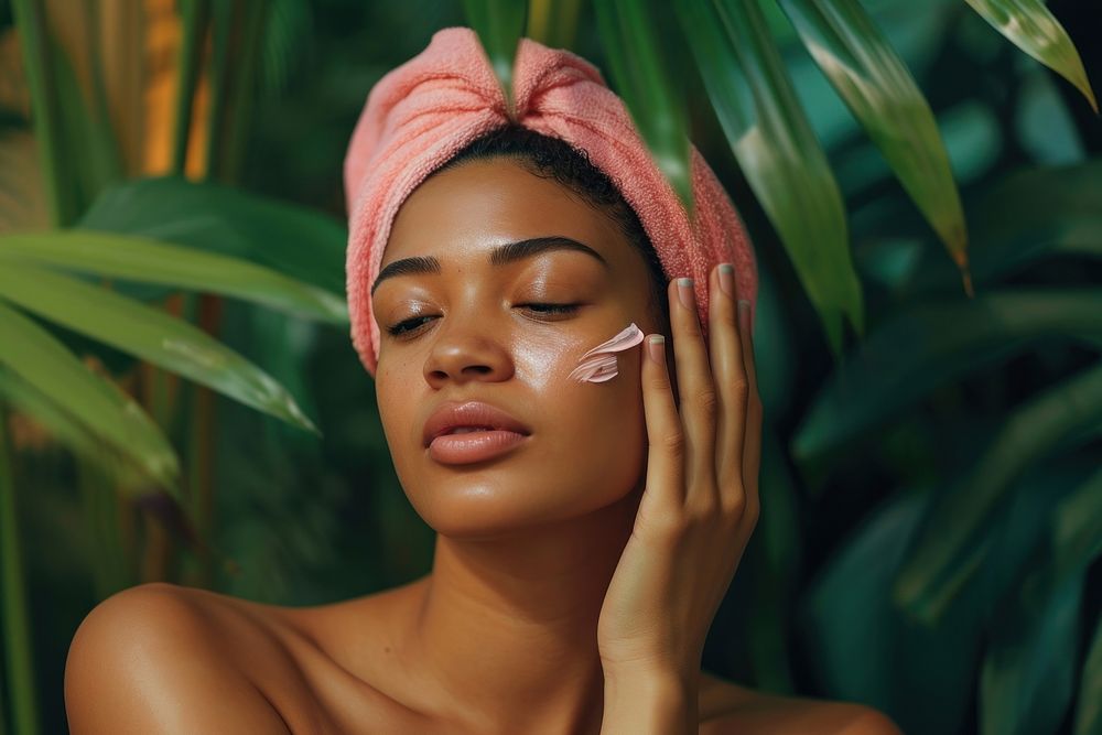 Samoan woman doing skincare routine adult perfection relaxation.