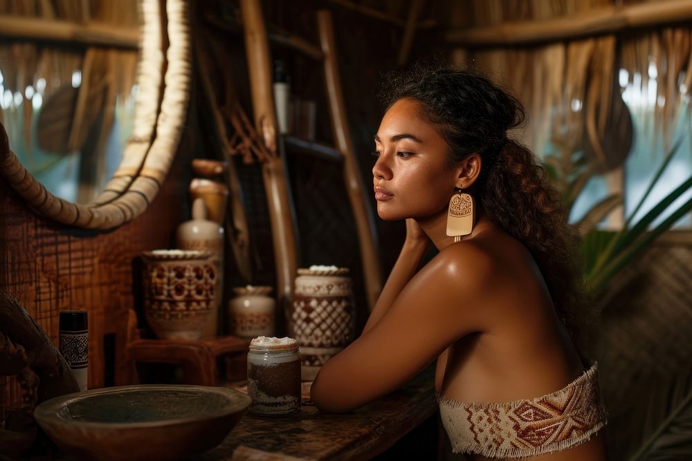 Samoan woman doing skincare routine adult contemplation relaxation.