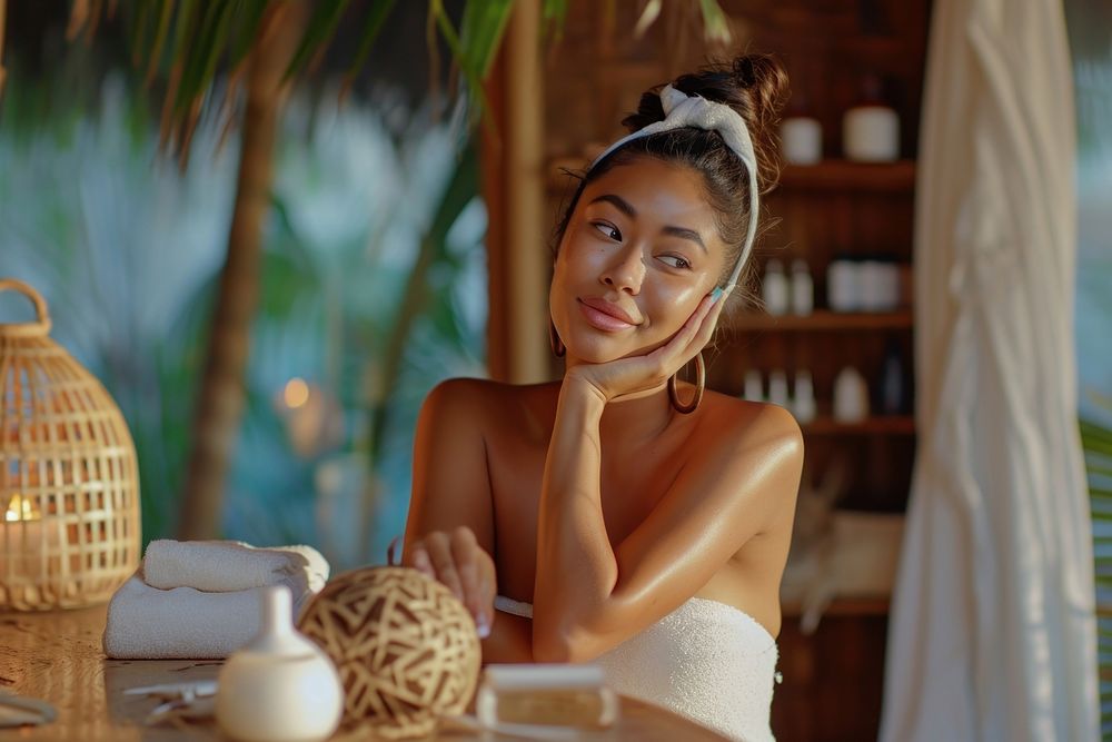 Samoan woman doing skincare routine adult relaxation hairstyle.