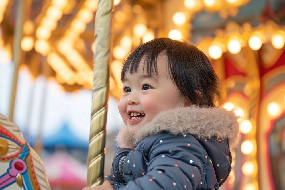 Asian toddler carousel portrait cheerful.