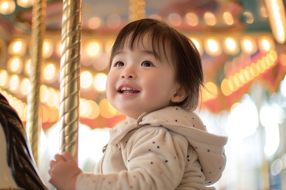 Asian toddler carousel cheerful portrait.