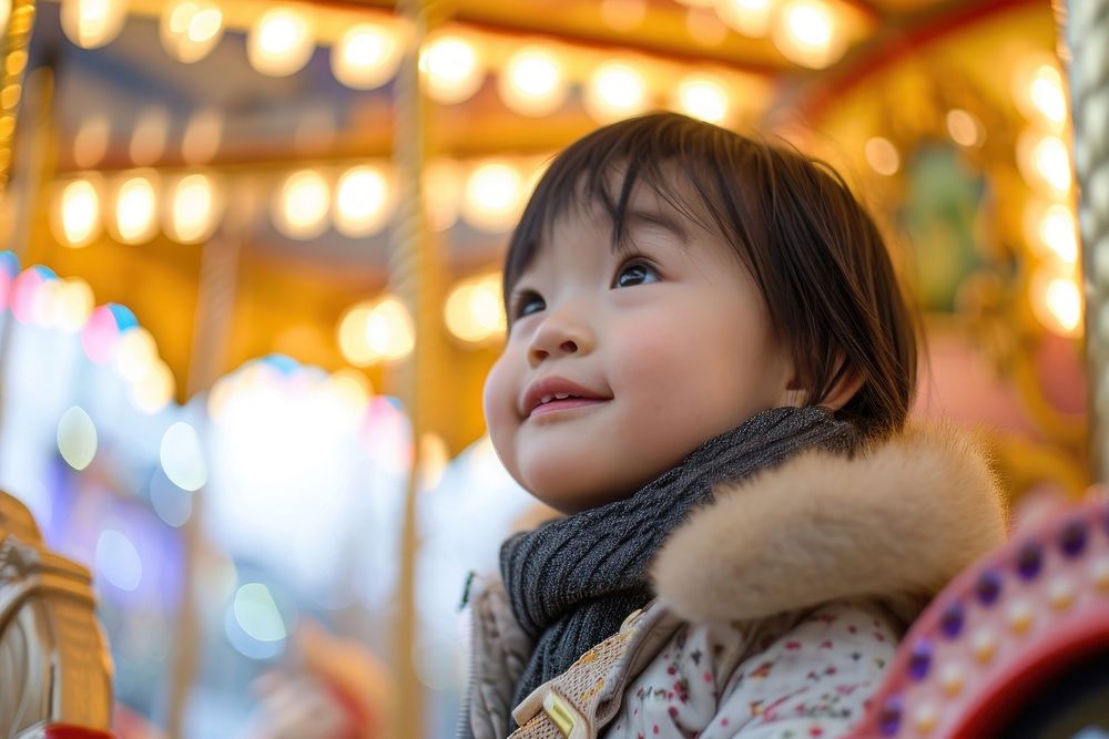 Asian toddler carousel portrait looking.