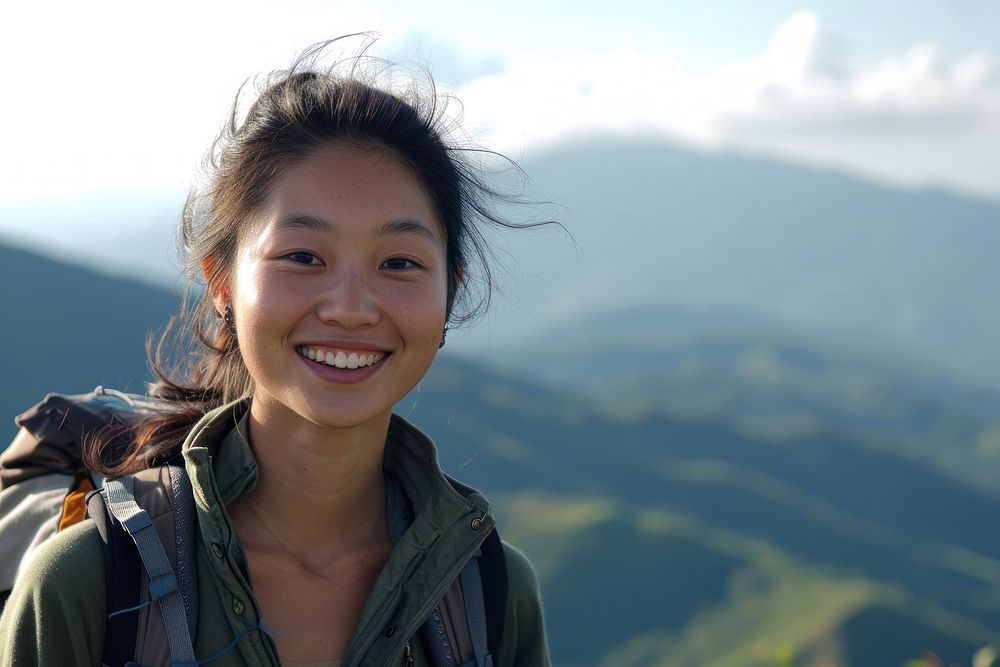 Asian woman portrait mountain outdoors.