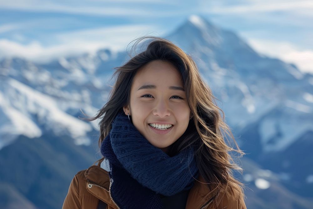 Asian woman mountain portrait smiling.