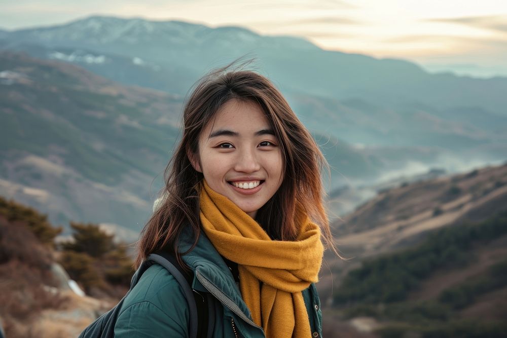 Asian woman portrait mountain smiling.