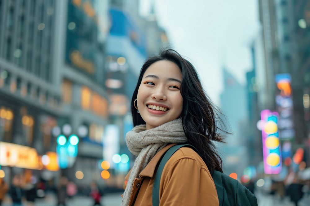 Asian woman portrait smiling street.