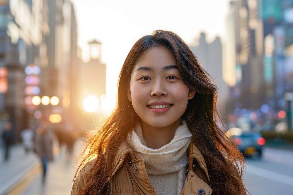 Asian woman portrait standing smiling.