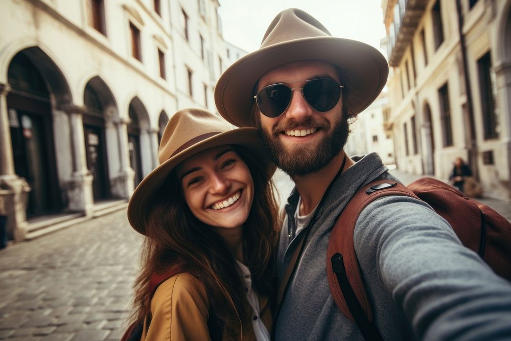 Couple traveler selfie sunglasses portrait. AI generated Image by rawpixel.