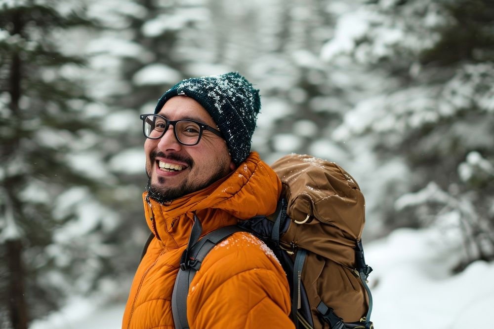 Hispanic man outdoors jacket hiking.