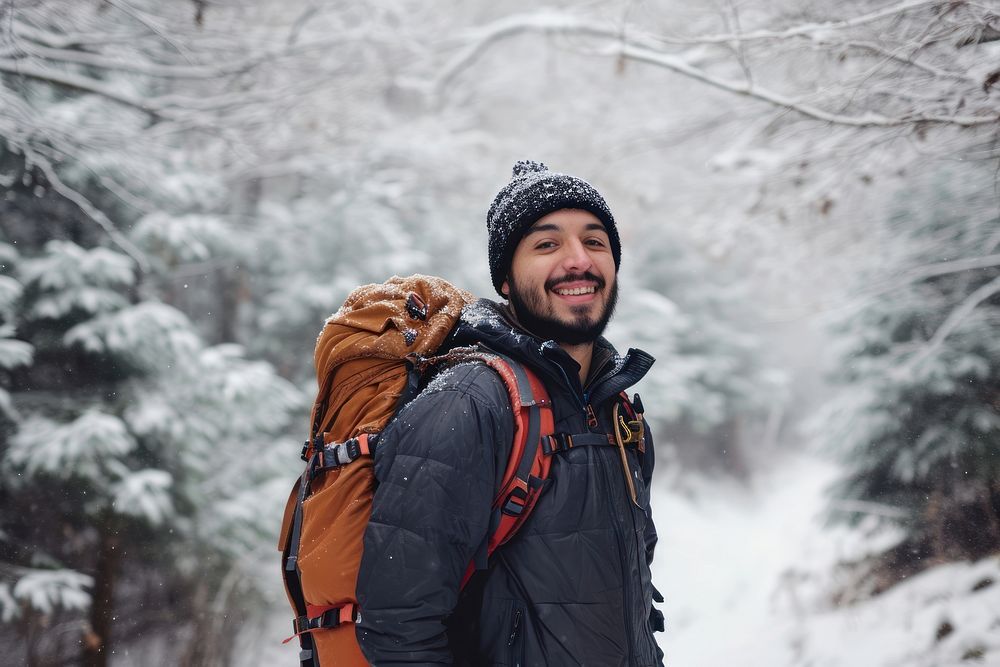 Latino man outdoors jacket hiking.