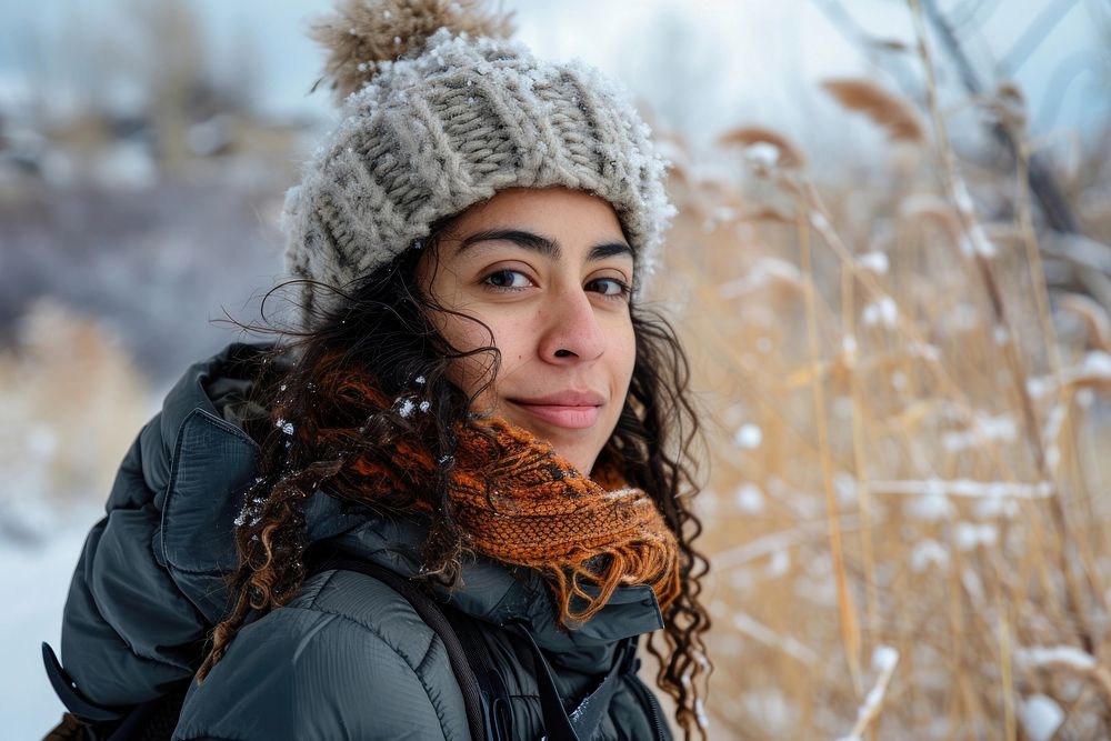 Latina woman portrait outdoors winter.