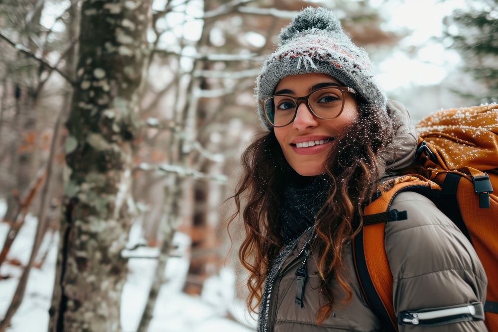 Latina woman outdoors glasses winter.