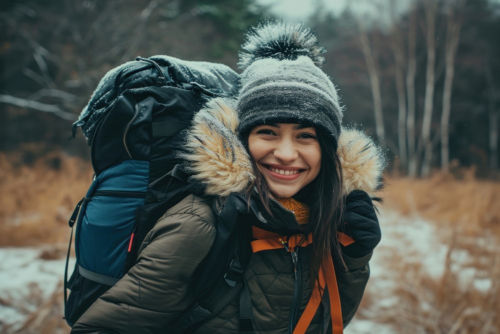 Latina woman backpack outdoors travel.