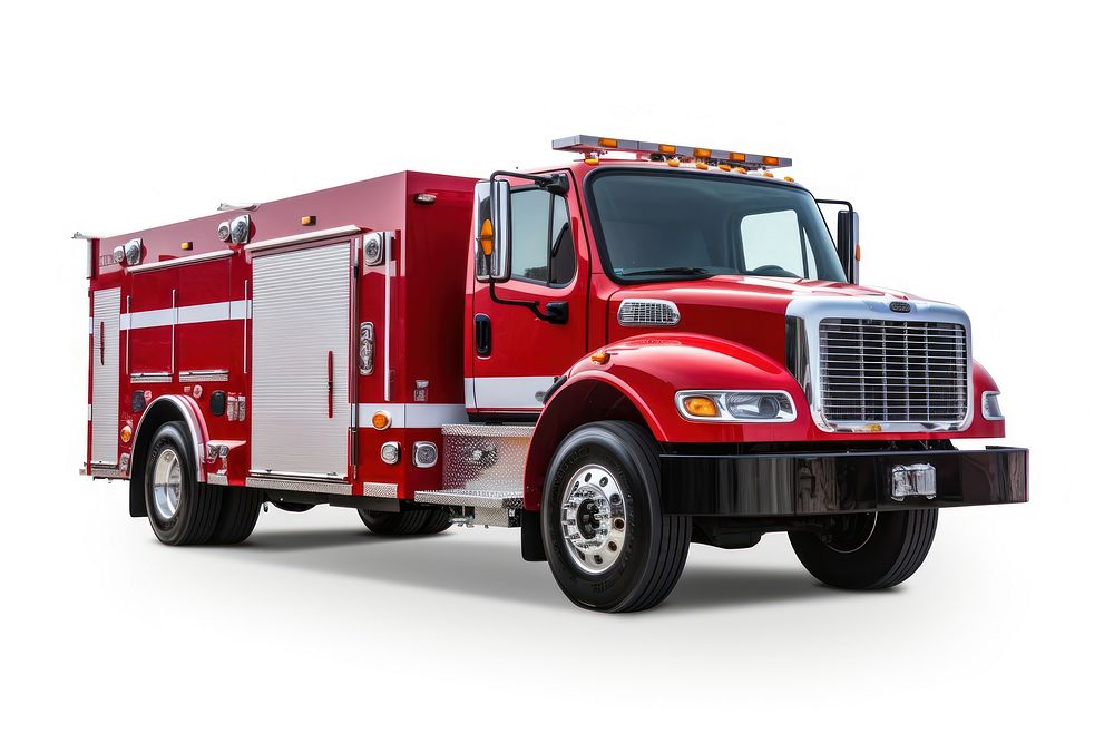 New red fire truck vehicle white background transportation.