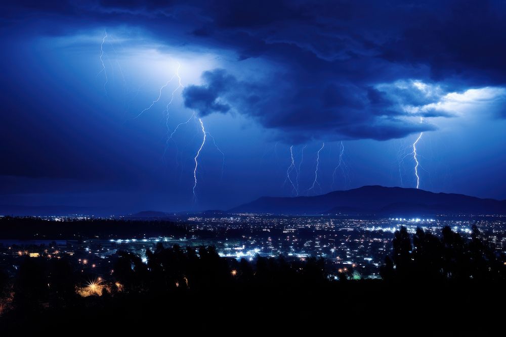 Night weather thunderstorm lightning outdoors. AI generated Image by rawpixel.