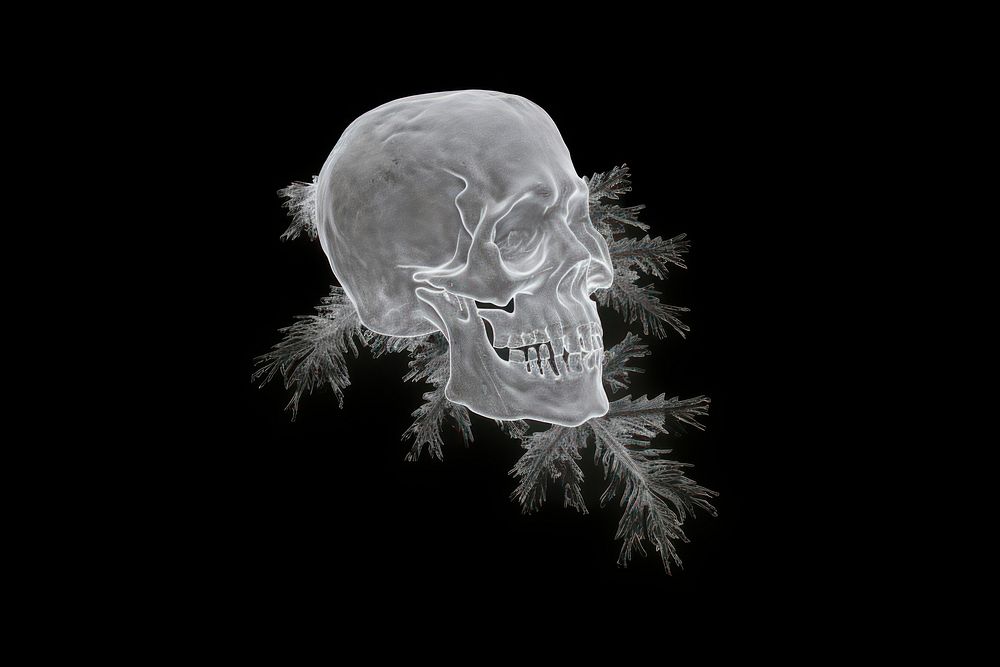Frosted ice skull black black background monochrome.
