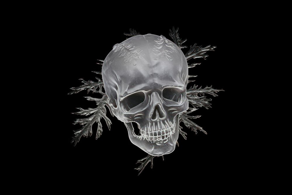 Frosted ice skull black black background monochrome.