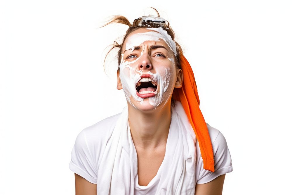 Woman use razor shaving her face with cream portrait shouting white background. AI generated Image by rawpixel.