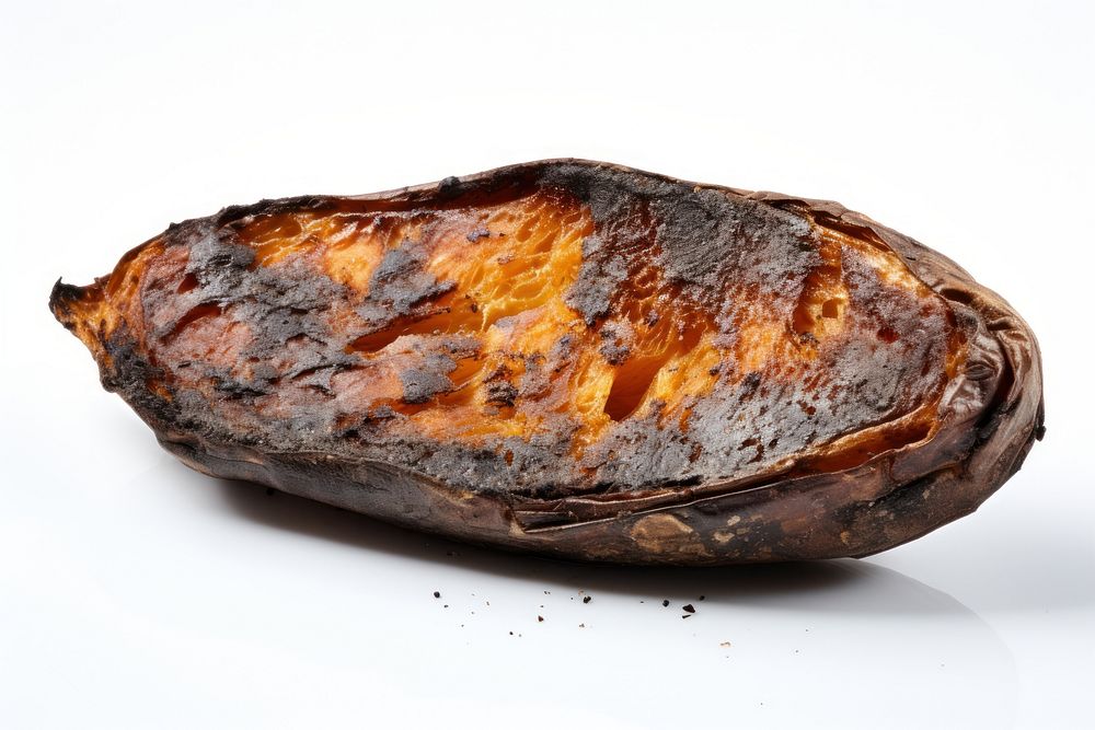 Sweet potato with brunt food meat white background.