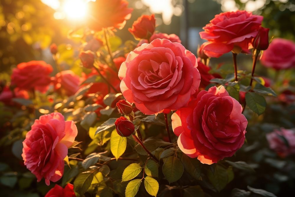 Red roses sunlight outdoors blossom.
