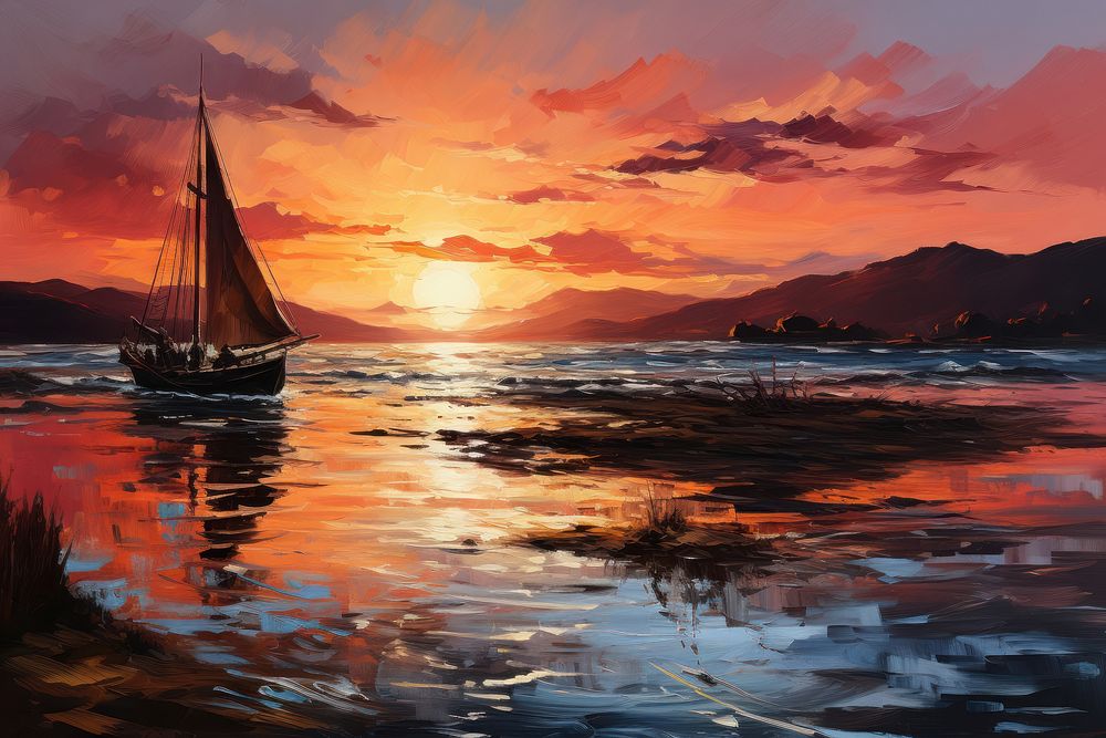  Art background painting sunset sea. AI generated Image by rawpixel.