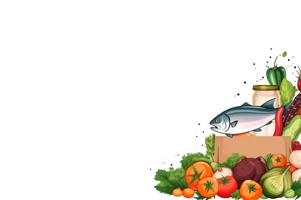 Healthy food fish vegetable fruit.