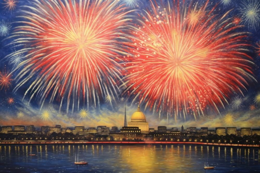 Fireworks on sky architecture painting outdoors. AI generated Image by rawpixel.