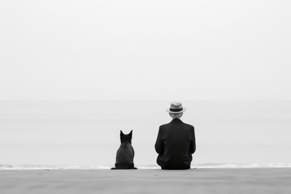Man and white dog sitting at beach silhouette portrait outdoors.