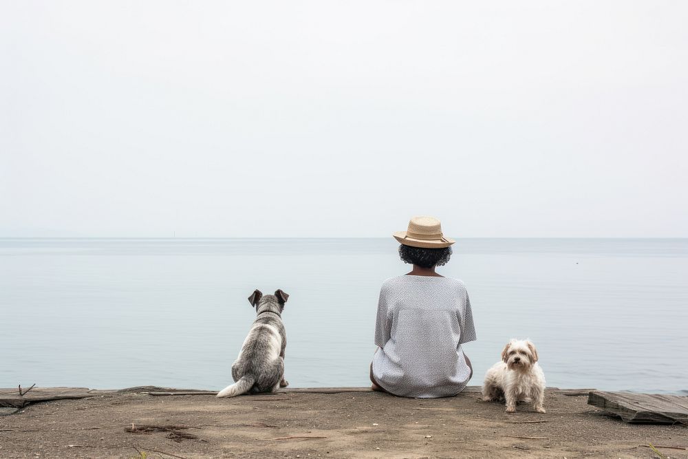 Woman and white dog sitting at beach outdoors nature animal.