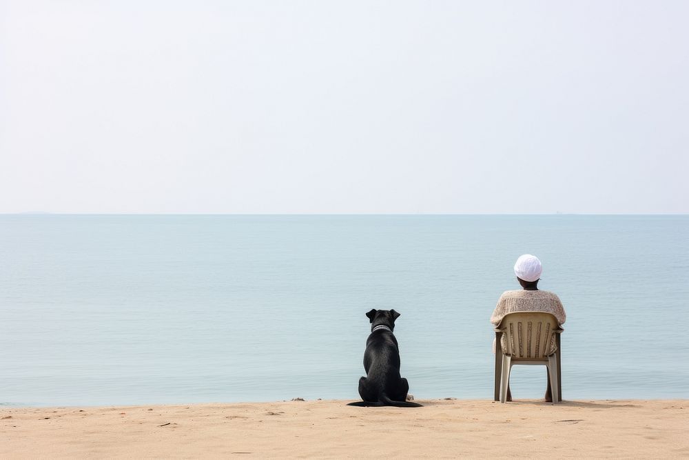Woman and white dog sitting at beach outdoors horizon nature.
