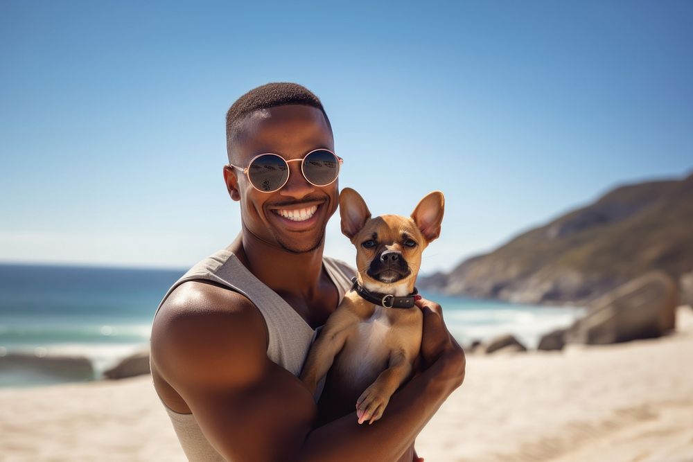 Man holding their dog beach sunglasses chihuahua.