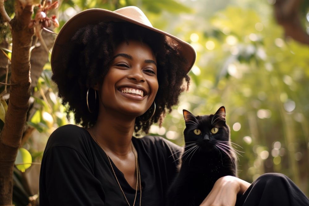 Woman sitting with cat smile portrait animal.
