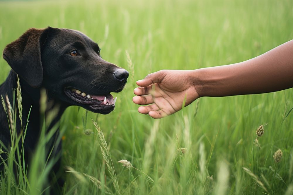 Hand petting a dog grass animal mammal.