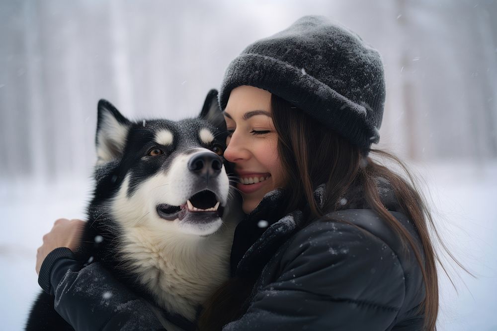 Woman hugging dog snow portrait outdoors.