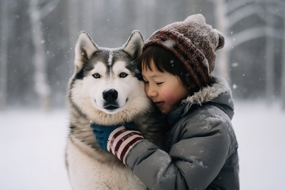 Kid hugging dog snow portrait outdoors.