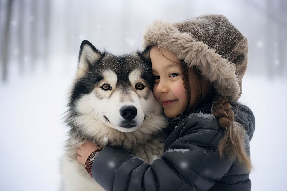 Kid hugging dog snow outdoors mammal.