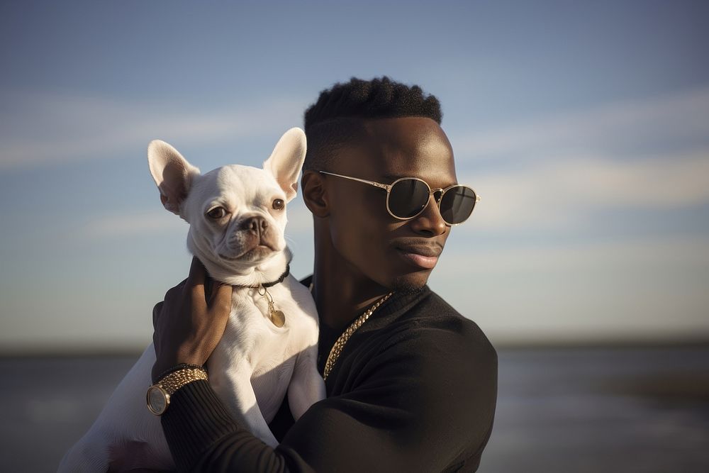 Man holding their dog sunglasses chihuahua portrait.