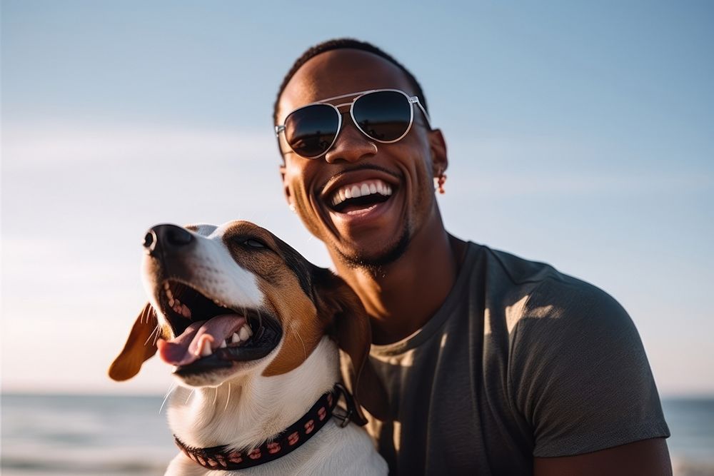 Man holding their dog sunglasses portrait animal.