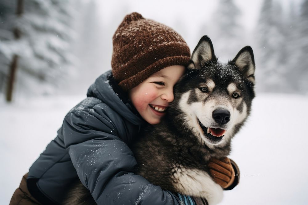 Man hugging dog snow portrait outdoors.