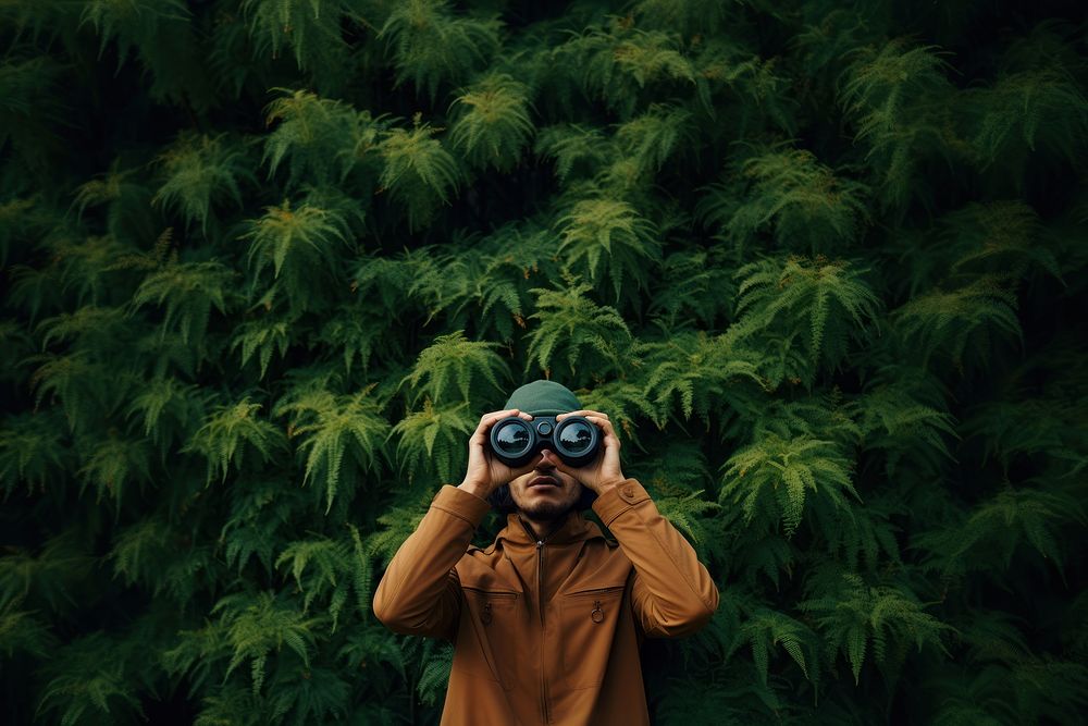 Man using Binoculars binoculars portrait plant. AI generated Image by rawpixel.