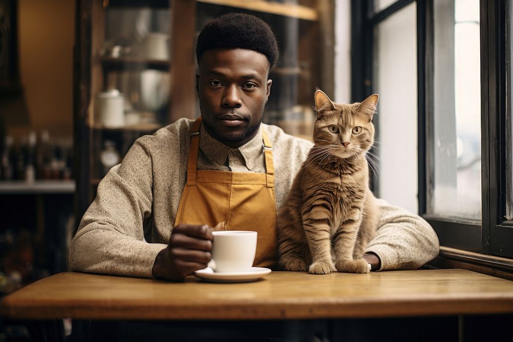 Barista with cat sitting mammal coffee.