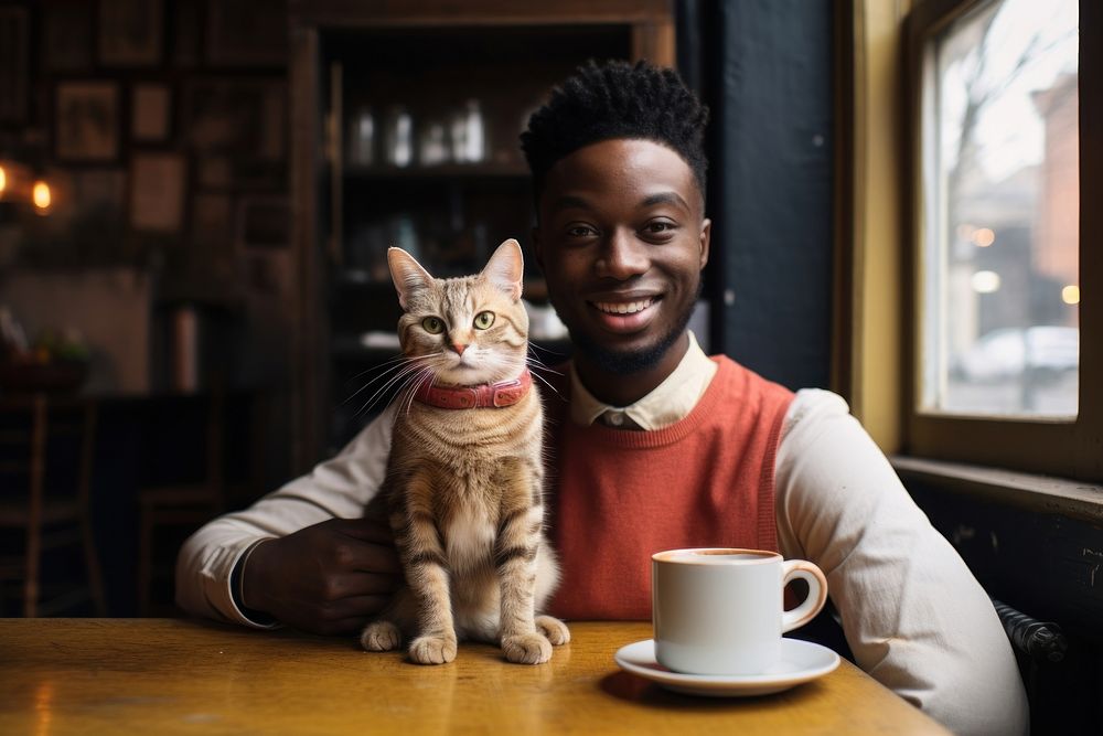 Barista with cat coffee portrait sitting.