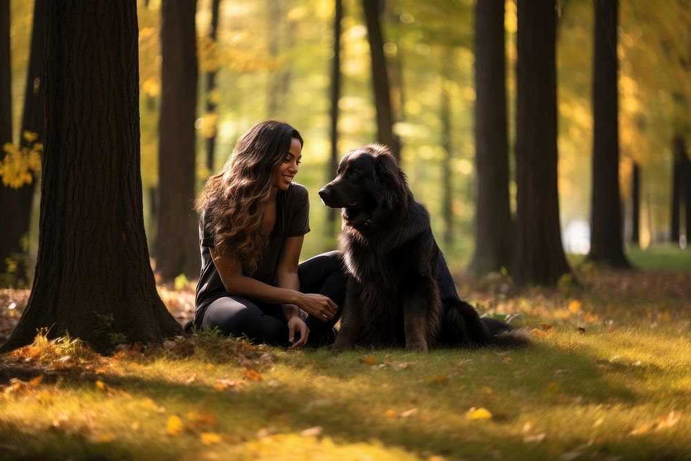 Woman sitting with dog retriever outdoors woodland.